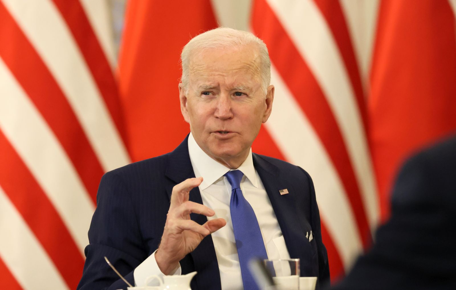 epa09850876 US President Joe Biden during his meeting with the Polish President at the Presidential Palace in Warsaw, Poland, 26 March 2022. US President Biden arrived in Poland for a two-days visit during which he is scheduled to hold talks with his Polish counterpart and make an address at the Royal Castle in Warsaw. Biden is coming to Poland straight from Brussels, where he attended an extraordinary Nato summit, a European Council meeting and a G7 summit on 24 March.  EPA/Marcin Obara POLAND OUT