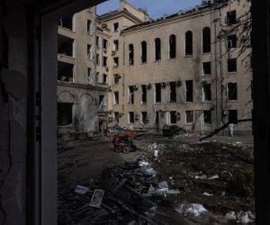 epa09856746 A damaged building of the Kharkiv Regional State Administration, which was heavily shelled by Russian forces, in Kharkiv, northeast Ukraine, 28 March 2022. Kharkiv, Ukraine’s second-largest city of 1.5 million people, which lies about 25 miles from the Russian border, has been heavily shelled by Russian forces over the past weeks, with many civilians killed in the city.  EPA/ROMAN PILIPEY