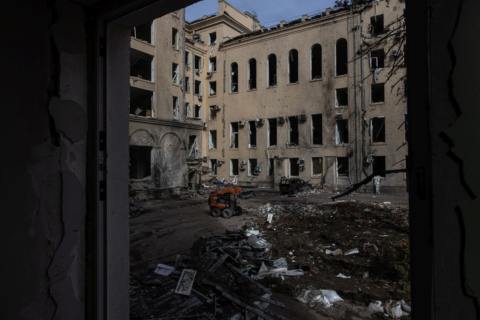 epa09856746 A damaged building of the Kharkiv Regional State Administration, which was heavily shelled by Russian forces, in Kharkiv, northeast Ukraine, 28 March 2022. Kharkiv, Ukraine’s second-largest city of 1.5 million people, which lies about 25 miles from the Russian border, has been heavily shelled by Russian forces over the past weeks, with many civilians killed in the city.  EPA/ROMAN PILIPEY