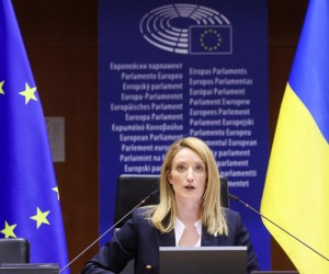 The European Parliament President Roberta Metsola speaks at the start of the special session to debate its response to the Russian invasion of Ukraine, in Brussels, Belgium March 1, 2022. REUTERS/Yves Herman Photo: YVES HERMAN/REUTERS