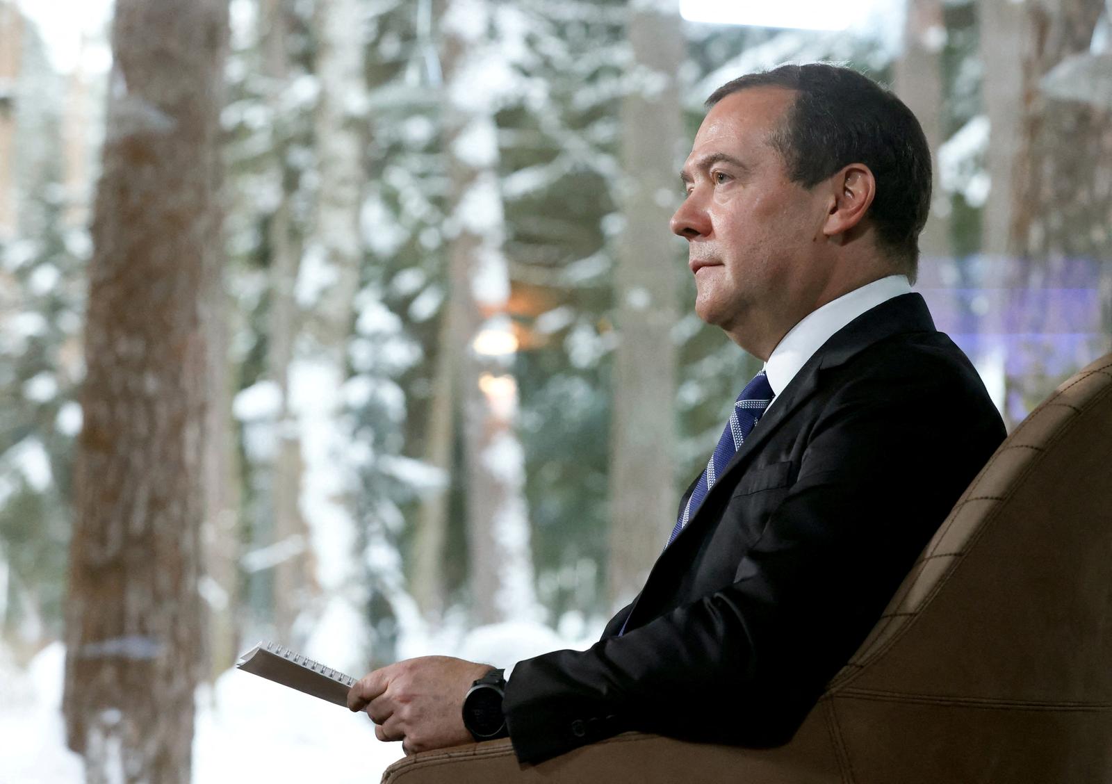 FILE PHOTO: Deputy Chairman of Russia's Security Council Dmitry Medvedev gives an interview at the Gorki state residence outside Moscow, Russia January 25, 2022. Picture taken January 25, 2022. Sputnik/Yulia Zyryanova/Pool via REUTERS ATTENTION EDITORS - THIS IMAGE WAS PROVIDED BY A THIRD PARTY./File Photo Photo: SPUTNIK/REUTERS