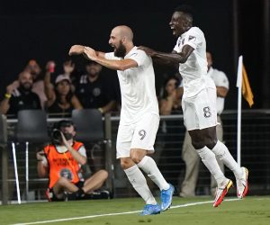 Inter Miami forward Gonzalo Higuain (9) celebrates with midfielder Blaise Matuidi (8) after scoring during the first half of an MLS soccer match against Columbus Crew, Saturday, Sept. 11, 2021, in Fort Lauderdale, Fla. (AP Photo/Lynne Sladky)