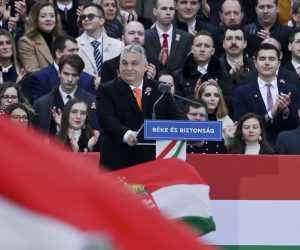 epa09826995 Hungarian Prime Minister Viktor Orban (C) delivers his speech during a celebration to commemorate the 174th anniversary of the outbreak of the 1848 revolution and war of independence against the Habsburg rule in front of the Hungarian Parliament building in Budapest, Hungary, 15 March 2022.  EPA/Szilard Koszticsak HUNGARY OUT