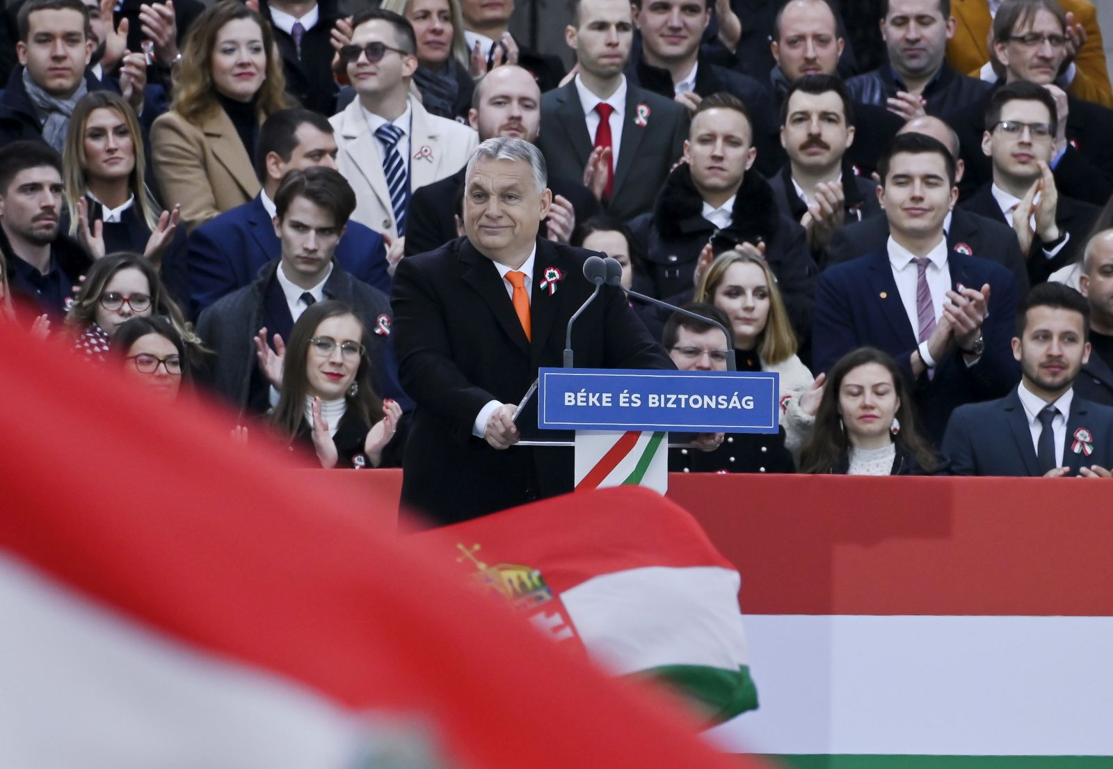 epa09826995 Hungarian Prime Minister Viktor Orban (C) delivers his speech during a celebration to commemorate the 174th anniversary of the outbreak of the 1848 revolution and war of independence against the Habsburg rule in front of the Hungarian Parliament building in Budapest, Hungary, 15 March 2022.  EPA/Szilard Koszticsak HUNGARY OUT
