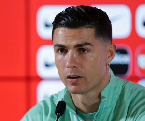 epa09855621 Portugal's player Cristiano Ronaldo attends a press conference at Dragao stadium in Porto, Portugal, 28 March 2022.  Portugal will face North Macedonia in their FIFA World Cup Qatar 2022 play-off qualifying soccer match on 29 March 2022.  EPA/ESTELA SILVA