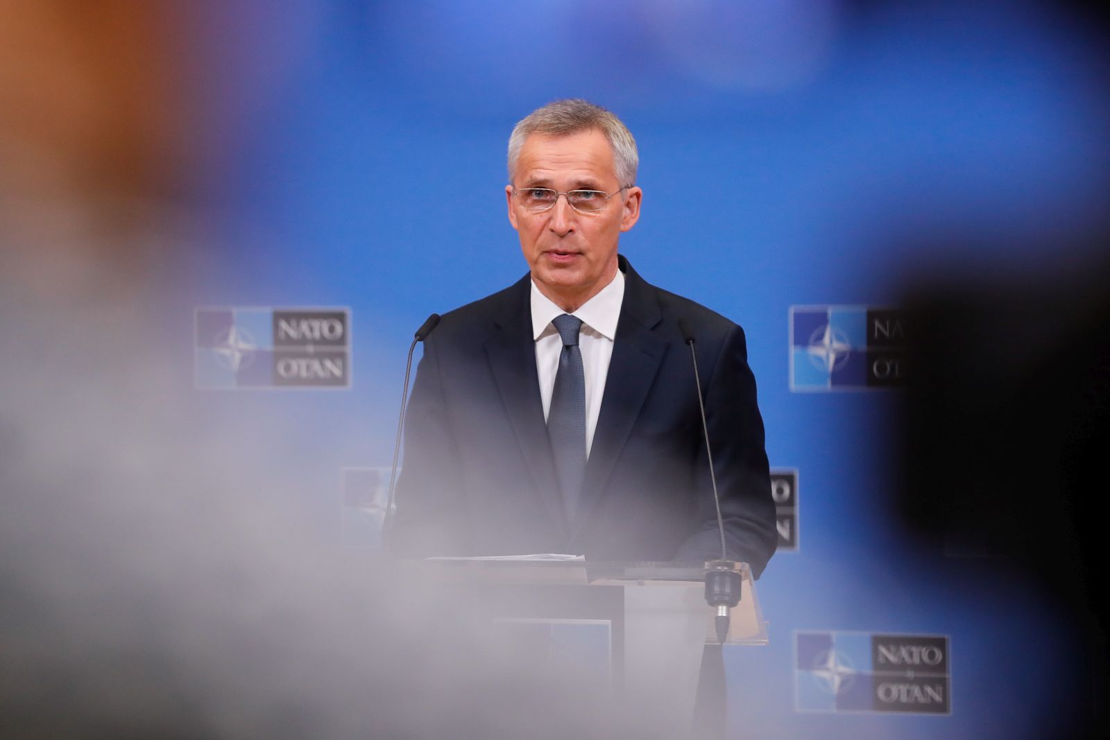 epa09871597 Secretary General of North Atlantic Treaty Organization (NATO) Jens Stoltenberg gives a press conference ahead of a two-day NATO Ministers of Foreign Affairs meeting on Ukraine at NATO headquarters in Brussels, Belgium, 05 April 2022. NATO Foreign Ministers will meet on 06 and 07 April.  EPA/STEPHANIE LECOCQ