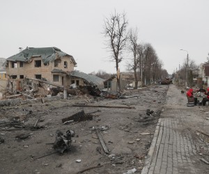 epa09872255 A picture taken during a visit to Bucha organized by Kyiv authorities shows a general view of a street with destroyed Russian military machinery in the recaptured by the Ukrainian army Bucha city near Kyiv, Ukraine, 05 April 2022. Russian troops entered Ukraine on 24 February resulting in fighting and destruction in the country, and triggering a series of severe economic sanctions on Russia by Western countries.  EPA/SERGEY DOLZHENKO