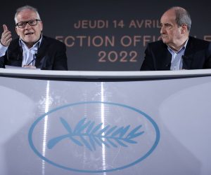 epa09889660 General Delegate of the Cannes Film Festival Thierry Fremaux (L) and Pierre Lescure (R), the Cannes Film Festival President, attend a press conference presenting the official selection for the 75th Cannes Film Festival, in Paris, France, 14 May 2021. The Cannes film festival runs from 17 to 28 May 2022.  EPA/IAN LANGSDON