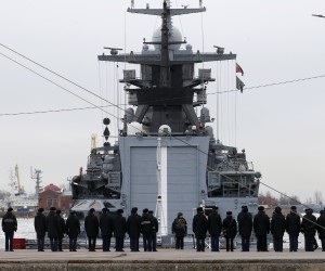epa09889854 Russian Navy sailors stand in front of a naval ship in Kronstadt, near St. Petersburg, Russia, 14 April  2022.  EPA/ANATOLY MALTSEV
