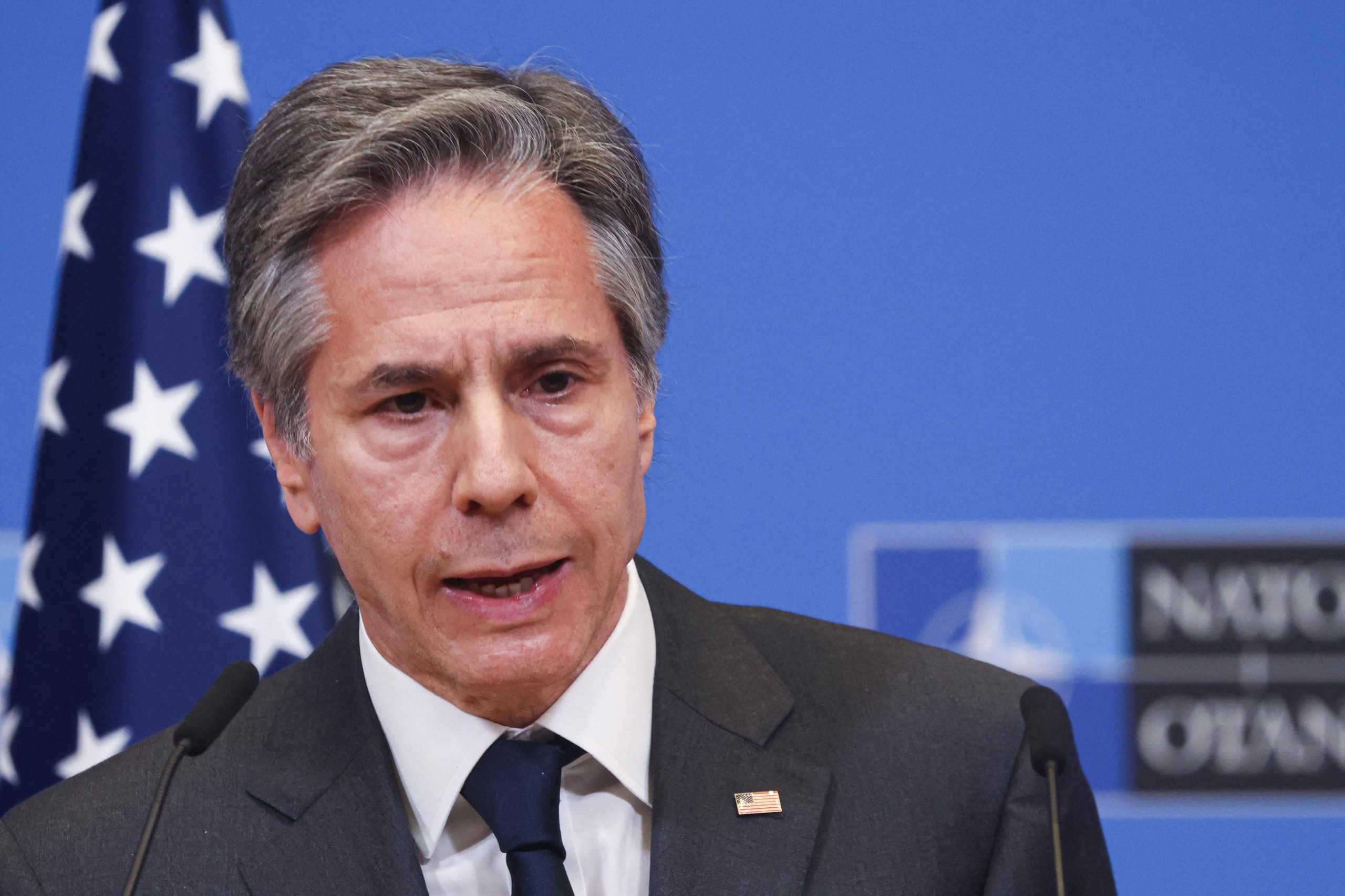 U.S. Secretary of State Antony Blinken speaks to the media after a NATO foreign ministers meeting, amid Russia's invasion of Ukraine, at NATO headquarters in Brussels, Belgium April 7, 2022. REUTERS/Evelyn Hockstein/Pool Photo: Evelyn Hockstein/REUTERS