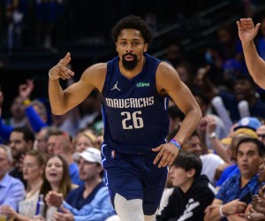 May 8, 2022; Dallas, Texas, USA; Dallas Mavericks guard Spencer Dinwiddie (26) celebrates making a three point basket against the Phoenix Suns during the second quarter during game four of the second round for the 2022 NBA playoffs at American Airlines Center. Mandatory Credit: Jerome Miron-USA TODAY Sports