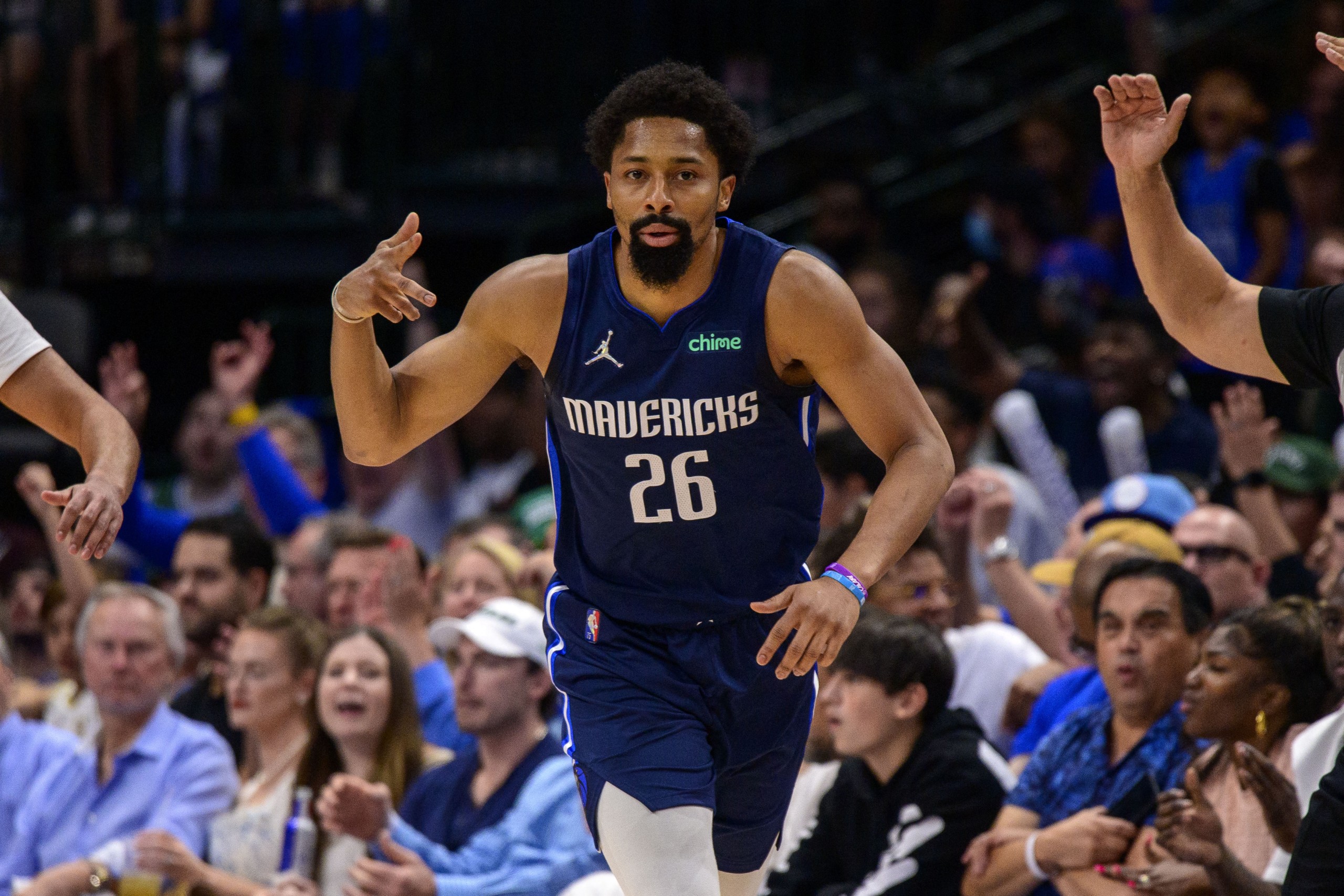 May 8, 2022; Dallas, Texas, USA; Dallas Mavericks guard Spencer Dinwiddie (26) celebrates making a three point basket against the Phoenix Suns during the second quarter during game four of the second round for the 2022 NBA playoffs at American Airlines Center. Mandatory Credit: Jerome Miron-USA TODAY Sports