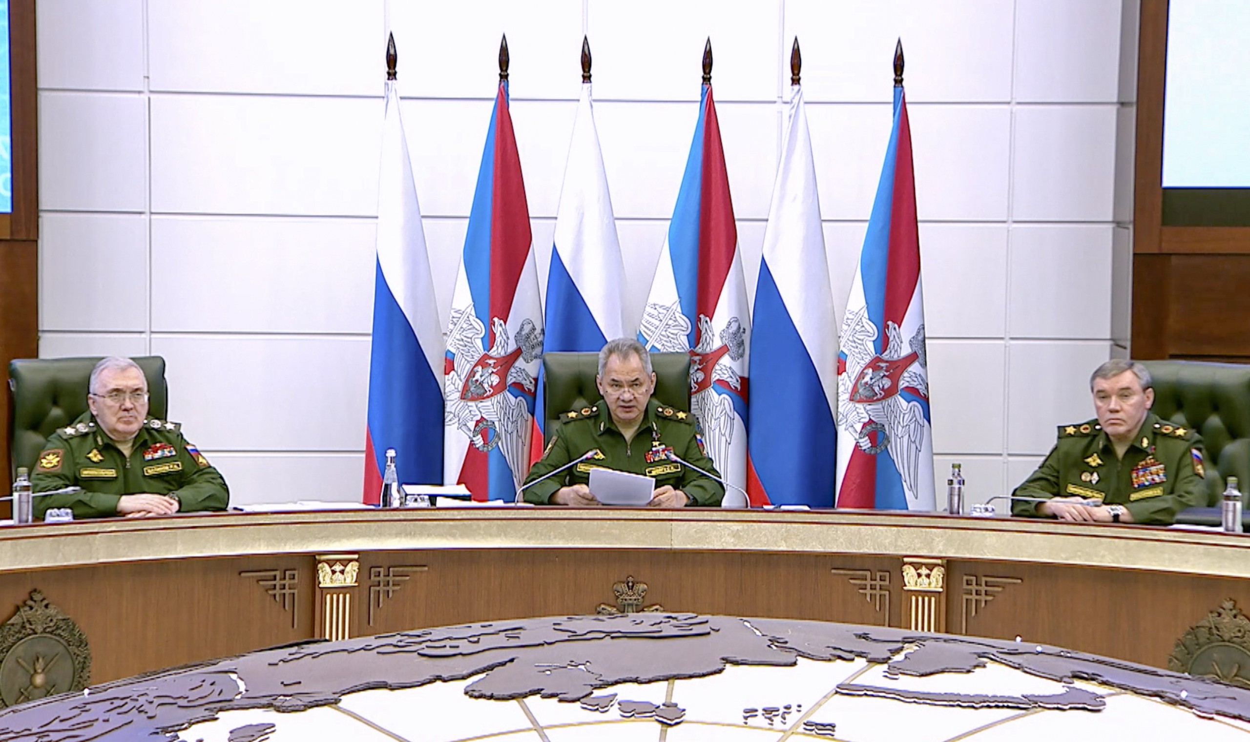 epa09897120 A handout still image taken from handout video made available by the Russian Defence ministry press-service shows Russian Defense Minister, General of the Army Sergei Shoigu takes part in a meeting of the Collegium of the Russian Ministry of Defense at the National Defense Control Center of the Russian Federation in Moscow, Russia, 19 April 2022. 'The United States and controlled Western countries are doing everything to delay the special military operation as much as possible. The growing volumes of supplies of foreign weapons clearly demonstrate their intentions to provoke the Kyiv regime to fight to the last Ukrainian,' the Russian Defence Minister said.  EPA/RUSSIAN DEFENCE MINISTRY PRESS SERVICE / HANDOUT  HANDOUT EDITORIAL USE ONLY/NO SALES