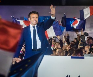 epa09907852 French President Emmanuel Macron delivers a speech after winning the second round of the French presidential elections at the Champs-de-Mars after Emmanuel Macron won the second round of the French presidential elections in Paris, France, 24 April 2022 (issued 25 April 2022). Emmanuel Macron defeated Marine Le Pen in the final round of France's presidential election, with exit polls indicating that Macron is leading with approximately 58 percent of the vote.  EPA/Christophe Petit Tesson