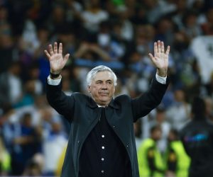 epa09927307 Real Madrid's head coach Carlo Ancelotti celebrates their victory following the UEFA Champions League semifinals' second leg soccer match between Real Madrid and Manchester City held at Santiago Bernabeu Stadium, in Madrid, Spain, 04 May 2022.  EPA/Sergio Perez