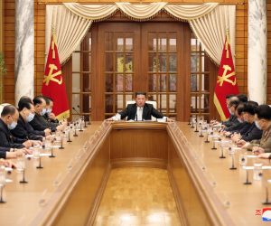 epa09941460 A photo released by the official North Korean Central News Agency (KCNA) shows the meeting of the 8th Political Bureau of 8th Central Committee of the WPK, convened at the office building of the Party Central Committee in Pyongyang, North Korea, 12 May 2022. Kim Jong-un (C), general secretary of the Workers' Party of Korea (WPK), presented at the meeting, held to organize the government's response to an outbreak of COVID-19 in Pyongyang.  EPA/KCNA   EDITORIAL USE ONLY