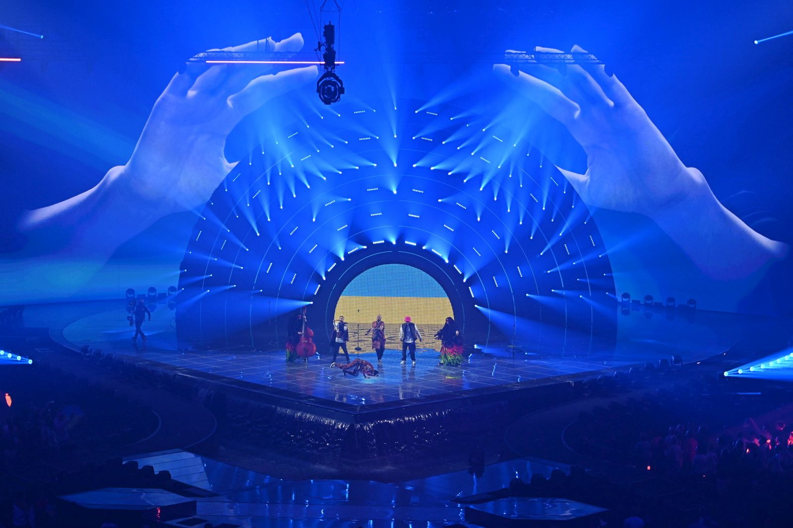 epa09947521 Kalush Orchestra from Ukraine performs the song 'Stefania' during the Grand Final of the 66th annual Eurovision Song Contest (ESC 2022) in Turin, Italy, 14 May 2022.  EPA/ALESSANDRO DI MARCO