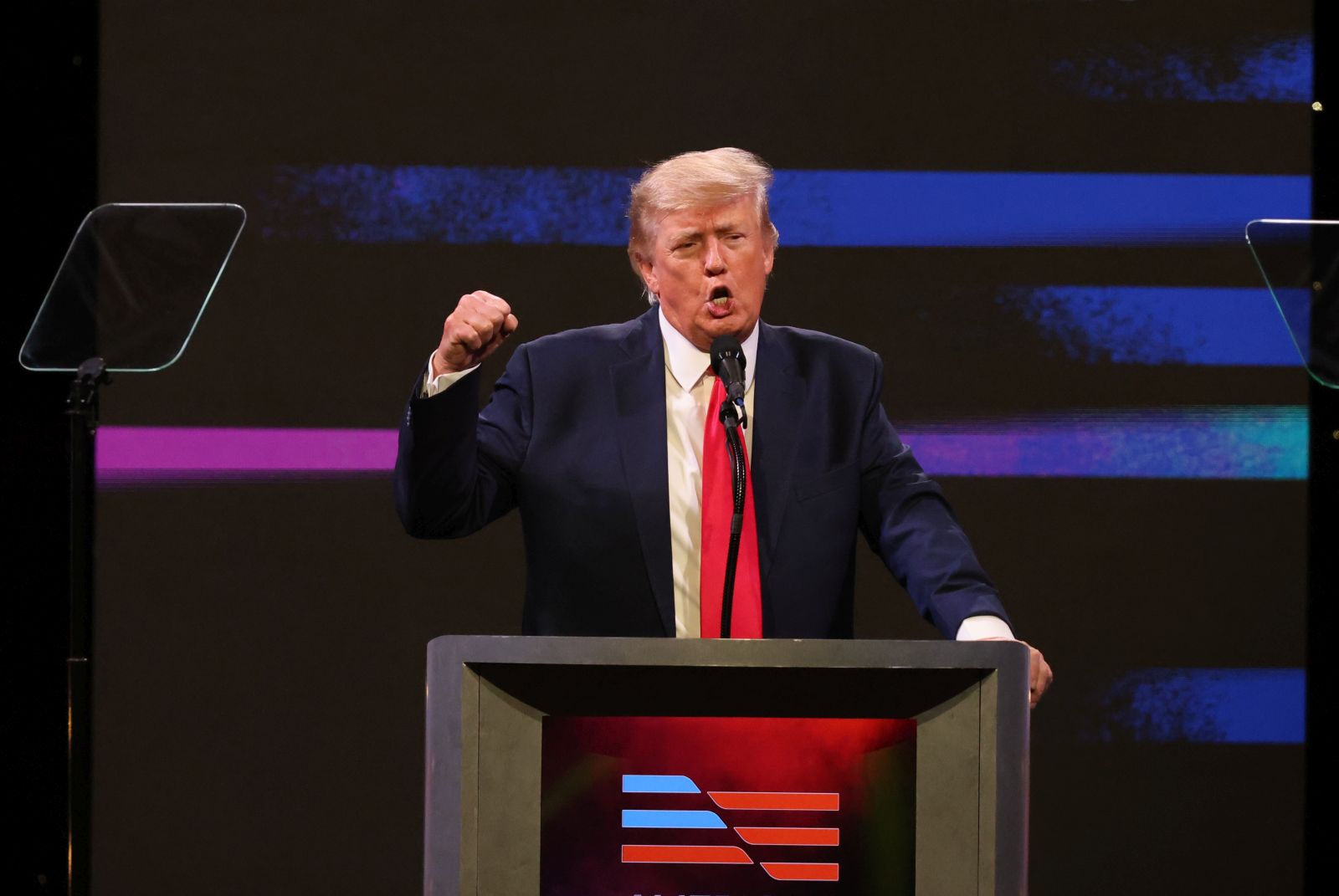epa09947803 Former US President Donald Trump speaks at the American Freedom Tour at the Austin Convention Center in Austin, Texas, USA, 14 May 2022. The American Freedom Tour is a gathering of conservatives to celebrate Faith, Family, Finances, and Freedom.  EPA/ADAM DAVIS