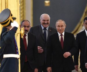 epa09950758 (L-R) Armenian Prime Minister Nikol Pashinyan, Belarus' President Alexander Lukashenko, Russian President Vladimir Putin, Kyrgyzstan's President Sadyr Japarov, Kazakhstan's President Kassym-Jomart Tokayev and Tajikistan's President Emomali Rakhmon enter a hall prior to a meeting of the leaders of the Collective Security Treaty Organization (CSTO) member states at the Kremlin in Moscow, Russia, 16 May 2022. Moscow is hosting the CSTO summit, timed to coincide with the 30th anniversary of the signing of the Collective Security Treaty and the 20th anniversary of the creation of the Organization, which includes Armenia, Belarus, Kazakhstan, Kyrgyzstan, Russia and Tajikistan.  EPA/ALEXANDER NEMENOV / POOL