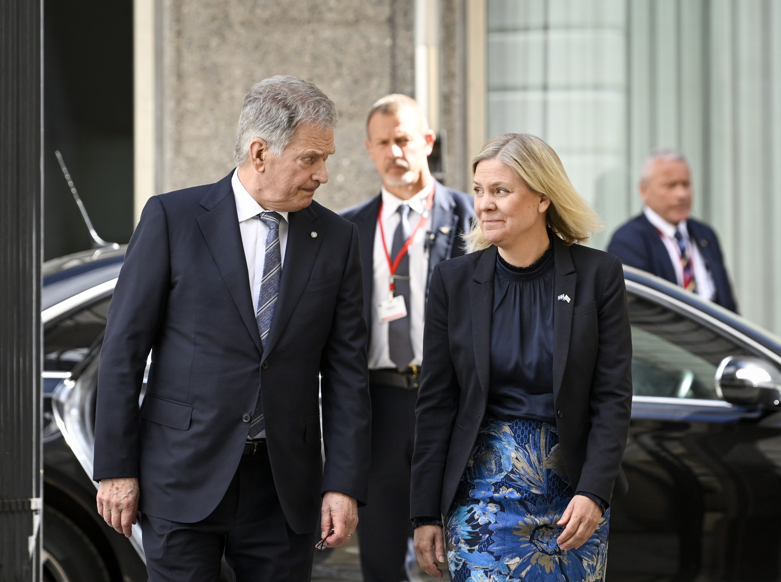 epa09952738 Finland's President Sauli Niinisto (L) is received by Sweden's Prime Minister Magdalena Andersson at the Adelcrantzska house in Stockholm, Sweden, 17 May 2022. Finland's President and his wife are in Sweden for a two-days state visit at the invitation of the King, as both countries have confirmed their application for NATO membership.  EPA/Anders Wiklund  SWEDEN OUT
