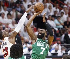 epa09954267 Miami Heat center Bam Adebayo (L) defends Boston Celtics forward Jalen Brown (R) during the second half of Game 1 of the NBA Eastern Conference Finals series between the Miami Heat and the Boston Celtics at FTX Arena in Miami, Florida, USA, 17 May 2022.  EPA/RHONA WISE  SHUTTERSTOCK OUT