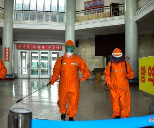 epa09954438 A photo released by the official North Korean Central News Agency (KCNA) on 18 May 2022 shows staff disinfecting Pyongyang station in an anti-epidemic prevention campaign to curb the current coronavirus disease (COVID-19) health crisis in Pyongyang, North Korea. North Korean leader Kim Jong Un has ordered nationwide lockdowns and mobilized troops to tackle the pandemic since the country first disclosed the COVID-19 outbreak last week.  EPA/KCNA   EDITORIAL USE ONLY