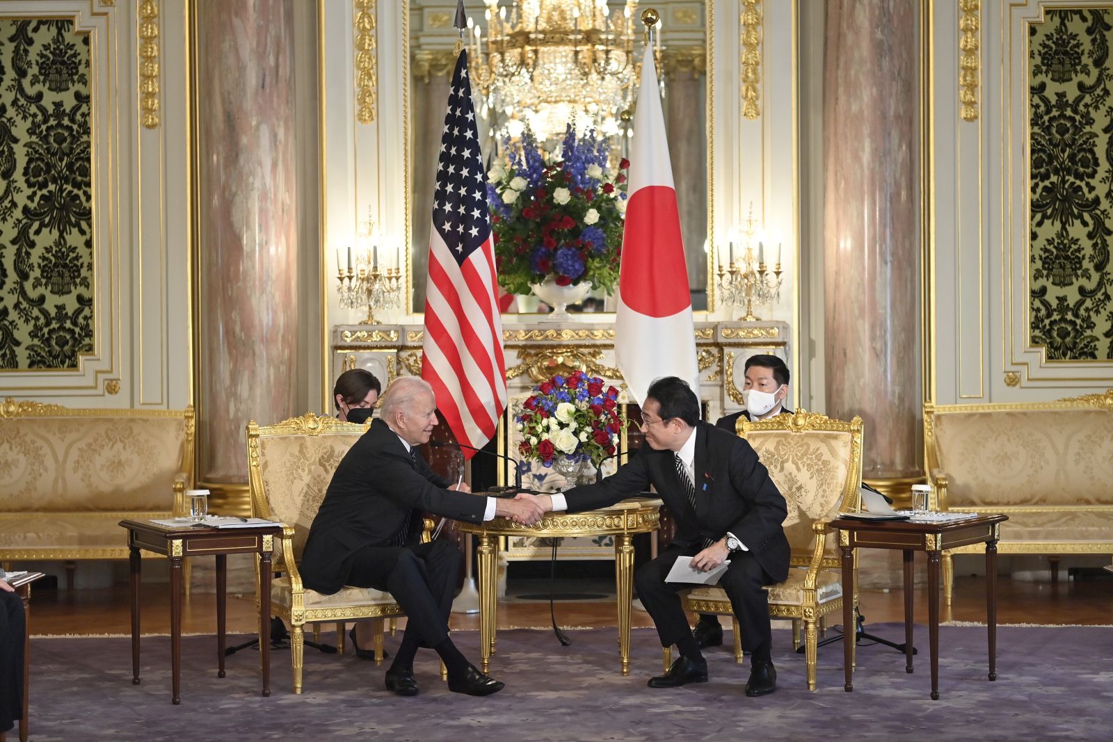 epa09968081 US President Joe Biden (L) and Japan's Prime Minister Fumio Kishida (R) attend the Japan-US summit meeting at Akasaka Palace State Guest House in Tokyo, Japan 23 May 2022. President Biden is visiting Japan within the QUAD summit of the Indo-Pacific countries - United States, Japan, Australia, India - that will be held in Tokyo on the 24 May.  EPA/DAVID MAREUIL / POOL