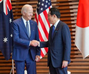 epa09970703 Prime Minister of Japan Fumio Kishida (R) welcomes US President Joe Biden (L) at the entrance hall of the Prime Minister’s Office of Japan in Tokyo, Japan, 24 May 2022.  EPA/ZHANG XIAOYU / POOL