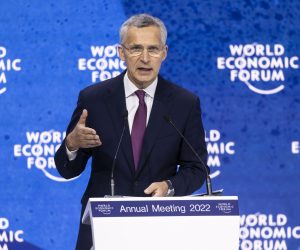 epa09971226 North Atlantic Treaty Organization (NATO) Secretary-General Jens Stoltenberg addresses a panel session during the 51st annual meeting of the World Economic Forum (WEF) in Davos, Switzerland, 24 May 2022. The forum has been postponed due to the COVID-19 pandemic and was rescheduled to early summer. The meeting brings together entrepreneurs, scientists, corporate and political leaders in Davos under the topic 'History at a Turning Point: Government Policies and Business Strategies' from 22 to 26 May 2022.  EPA/GIAN EHRENZELLER