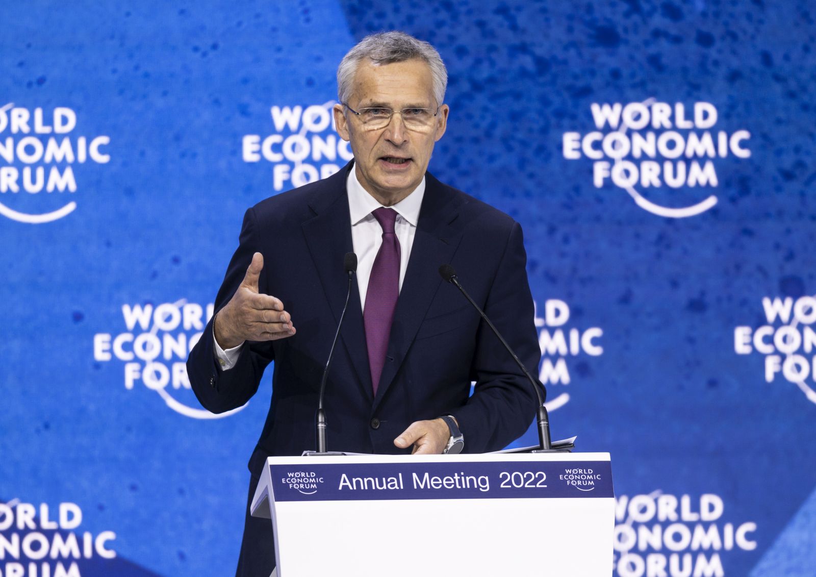 epa09971226 North Atlantic Treaty Organization (NATO) Secretary-General Jens Stoltenberg addresses a panel session during the 51st annual meeting of the World Economic Forum (WEF) in Davos, Switzerland, 24 May 2022. The forum has been postponed due to the COVID-19 pandemic and was rescheduled to early summer. The meeting brings together entrepreneurs, scientists, corporate and political leaders in Davos under the topic 'History at a Turning Point: Government Policies and Business Strategies' from 22 to 26 May 2022.  EPA/GIAN EHRENZELLER