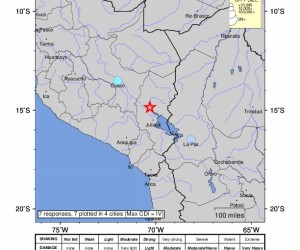 epa09977084 A handout shakemap made available by the United States Geological Survey (USGS) shows the location of a 7.2-magnitude earthquake hitting in southern Peru, 26 May 2022. The epicenter of the earthquake was recorded at a depth of 217 kilometres, the USGS said.  EPA/USGS HANDOUT  HANDOUT EDITORIAL USE ONLY/NO SALES