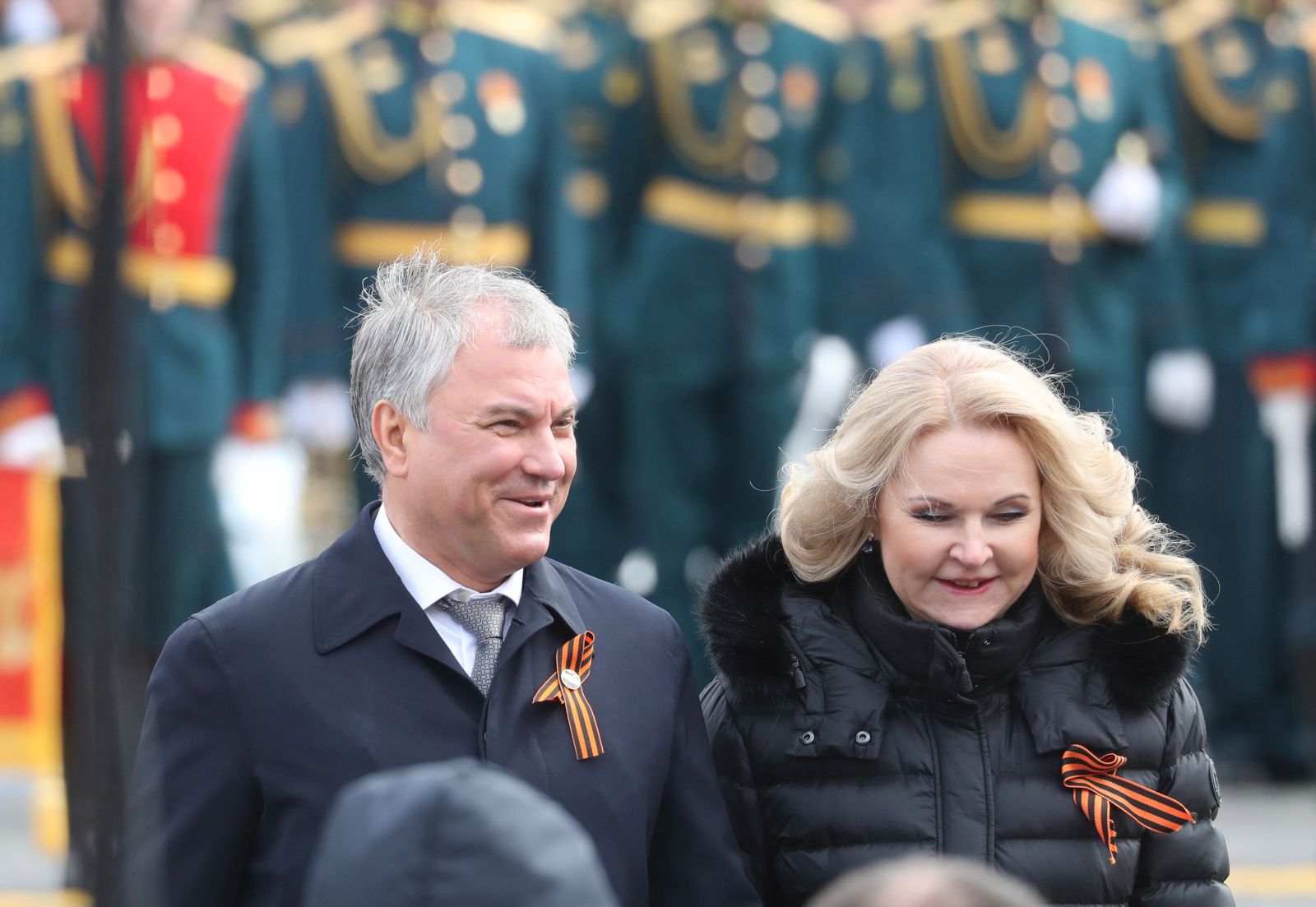 epa09935167 Chairman of the Russian State Duma (lower house of Russia's parliament) Vyacheslav Volodin (L), and Russian Deputy Prime Minister Tatyana Golikova (R), arrive to attend the Victory Day military parade in the Red Square in Moscow, Russia, 09 May 2022. The Victory Day military parade takes place annualy to mark the victory of the Soviet Union over Nazi Germany in World War II.  EPA/MAXIM SHIPENKOV