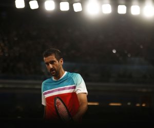 epa09986976 Marin Cilic of Croatia reacts during his match against Daniil Medvedev of Russia in their men’s fourth round match during the French Open tennis tournament at Roland Garros in Paris, France, 30 May 2022.  EPA/YOAN VALAT