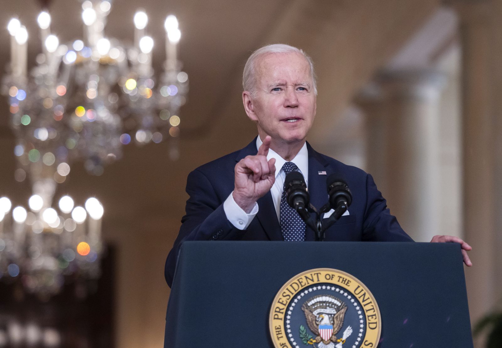 epa09992863 US President Joe Biden speaks to the nation about the 'recent tragic mass shootings' in the East Room of the White House in Washington, DC, USA, 02 June 2022. Biden called on Congress to pass 'commonsense' gun laws to combat the epidemic of gun violence.  EPA/JIM LO SCALZO
