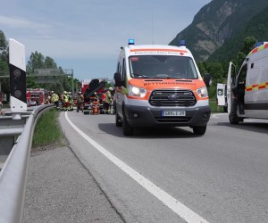 epa09993811 Emergency responders and firefighters work at the scene of a train derailment in Burgrain, near the resort town of Garmisch-Partenkirchen, southern Germany, 03 June 2022. According to the police and local officials, at least 3 people are reported dead and dozens were injured  in the train derailment. The regional train was heading north from the German Alps towards Munich.  EPA/NETWORK PICTURES