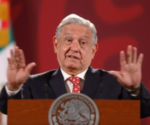 epa09999052 Mexican President Andres Manuel Lopez Obrador speaks during his daily press conference at the National Palace in Mexico City, Mexico, 06 June 2022. Lopez Obrador has confirmed he will not attend the Summit of the Americas in Los Angeles, USA, and that Foreign Minister Ebrard will head Mexico's delegation for the summit.  EPA/ISAAC ESQUIVEL