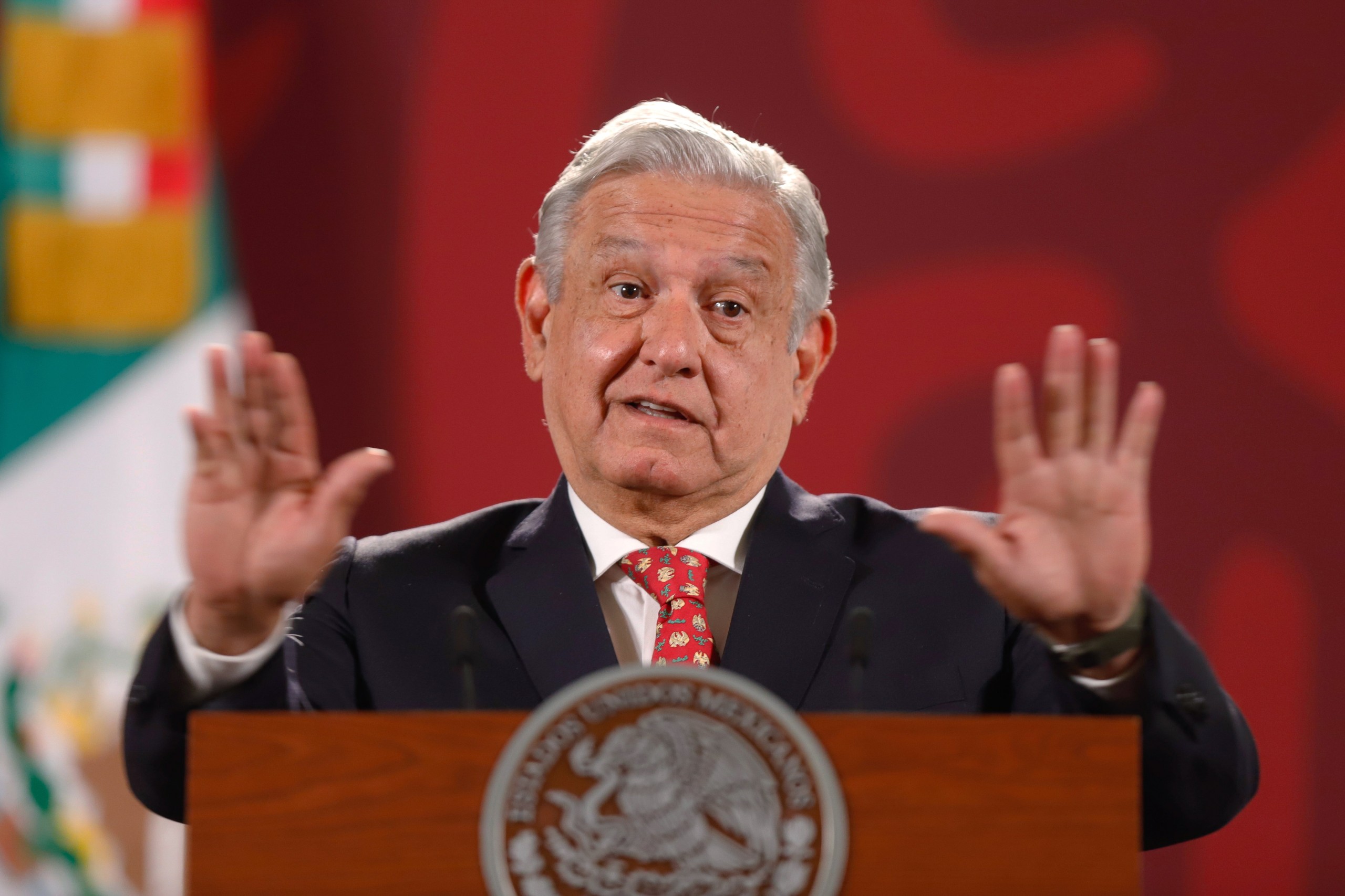 epa09999052 Mexican President Andres Manuel Lopez Obrador speaks during his daily press conference at the National Palace in Mexico City, Mexico, 06 June 2022. Lopez Obrador has confirmed he will not attend the Summit of the Americas in Los Angeles, USA, and that Foreign Minister Ebrard will head Mexico's delegation for the summit.  EPA/ISAAC ESQUIVEL