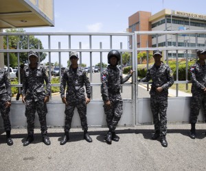 epa09999426 Members of the Security Forces stand guard in front of the Ministry of the Environment of the Dominican Republic, in Santo Domingo, Dominican Republic, 06 June 2022. The Minister of the Environment of the Dominican Republic, Orlando Jorge Mera, was shot and killed in his office, according to political sources. The Ministry of the Environment has not offered official information about what happened, and in an official note, said 'We are troubled by the situation'.  EPA/Orlando Barria