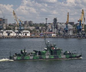 epaselect epa10009873 A picture taken during a visit to Mariupol organized by the Russian military shows a Russian navy ship on guard in the cargo sea port of Mariupol, Ukraine, 12 June 2022. Russian Defense Minister Sergei Shoigu said the seaports of Mariupol and Berdyansk in Ukraine are operating normally and are ready to ship grain.  According to Shoigu, demining of the Mariupol seaport has been completed and it is functioning normally and has received the first cargo ships. Shoigu added ‘In Mariupol, water and electricity supply to residential areas are gradually being restored, streets are being cleared, the first social facilities have begun to function.’ On 24 February Russian troops entered Ukrainian territory starting a conflict that has provoked destruction and a humanitarian crisis. According to the UNHCR, more than six million refugees have fled Ukraine, and a further 7.7 million people have been displaced internally within Ukraine since.  EPA/SERGEI ILNITSKY