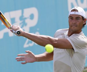 epa10017872 Spanish tennis player Rafael Nadal in action during a training session at the Mallorca Country Club, venue of the ATP250 Mallorca Championships in Santa Ponça, Spain, 17 June 2022. The tournament will run from June 18 to 25.  EPA/CATI CLADERA