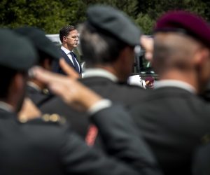 epa10020328 Prime Minister Mark Rutte gives a speech during a meeting of veterans of Dutchbat III peacekeeping unit in the Oranjekazerne in Schaarsbergen, Arnhem, Netherlands, 18 June 2022. Prime Minister Mark Rutte offered formal apologies from the Dutch government to soldiers of Dutchbat-III peacekeeping unit who had to guard the Bosnian enclave of Srebrenica in 1995  EPA/REMKO DE WAAL