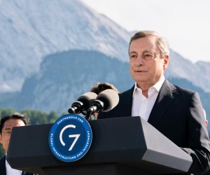 epa10035505 A handout photo made available by the Chigi Palace Press Office shows Italian Prime Minister Mario Draghi speaking on the occasion of the first day of the G7 Summit at Elmau Castle in Kruen, Germany, 26 June 2022. Germany is hosting the G7 summit at Elmau Castle near Garmisch-Partenkirchen from 26 to 28 June 2022.  EPA/FILIPPO ATTILI / CHIGI PALACE PRESS OFFICE / HANDOUT  HANDOUT EDITORIAL USE ONLY/NO SALES