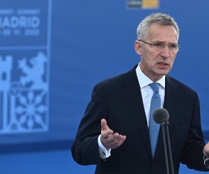 epa10040125 NATO's Secretary General Jens Stoltenberg talks to media upon his arrival to attend the first day of the NATO Summit at IFEMA Convention Center, in Madrid, Spain, 29 June 2022. Some 40 world leaders are to attend the summit, running from 29 to 30 June, focused on the ongoing Russian invasion of Ukraine. Spain hosts the event to mark the 40th anniversary of its accession to NATO.  EPA/J.J. Guillen