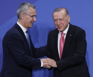 epa10040423 NATO Secretary-General, Jens Stoltenberg (L), shakes hands with Turkish President, Recep Tayyip Erdogan (R), during the first day of the NATO Summit at IFEMA Convention Center, in Madrid, Spain, 29 June 2022. Heads of State and Government of NATO's member countries and key partners are gathering in Madrid from 29 to 30 June to discuss security concerns like Russia's invasion of Ukraine and other challenges. Spain is hosting 2022 NATO Summit coinciding with the 40th anniversary of its accession to NATO.  EPA/Juanjo Martin