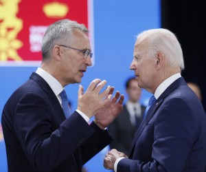 epa10041239 NATO Secretary-General, Jens Stoltenberg (L) chats with US President Joe Biden (R) after a press conference on the first day of the NATO Summit at IFEMA Convention Center, in Madrid, Spain, 29 June 2022. Heads of State and Government of NATO's member countries and key partners are gathering in Madrid from 29 to 30 June to discuss security concerns like Russia's invasion of Ukraine and other challenges. Spain is hosting 2022 NATO Summit coinciding with the 40th anniversary of its accession to NATO.  EPA/Lavandeira Jr