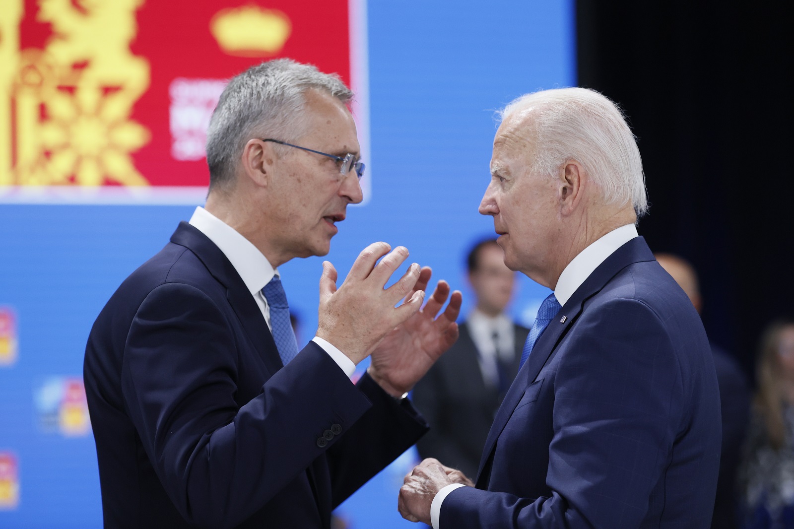 epa10041239 NATO Secretary-General, Jens Stoltenberg (L) chats with US President Joe Biden (R) after a press conference on the first day of the NATO Summit at IFEMA Convention Center, in Madrid, Spain, 29 June 2022. Heads of State and Government of NATO's member countries and key partners are gathering in Madrid from 29 to 30 June to discuss security concerns like Russia's invasion of Ukraine and other challenges. Spain is hosting 2022 NATO Summit coinciding with the 40th anniversary of its accession to NATO.  EPA/Lavandeira Jr