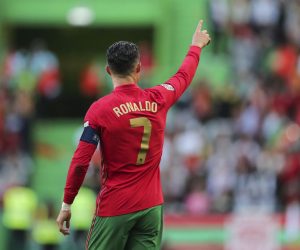 epa09998034 Portugal's Cristiano Ronaldo celebrates after scoring the 3-0 lead during the UEFA Nations League soccer match between Portugal and Switzerland in Lisbon, Portugal, 05 June 2022.  EPA/MIGUEL A. LOPES