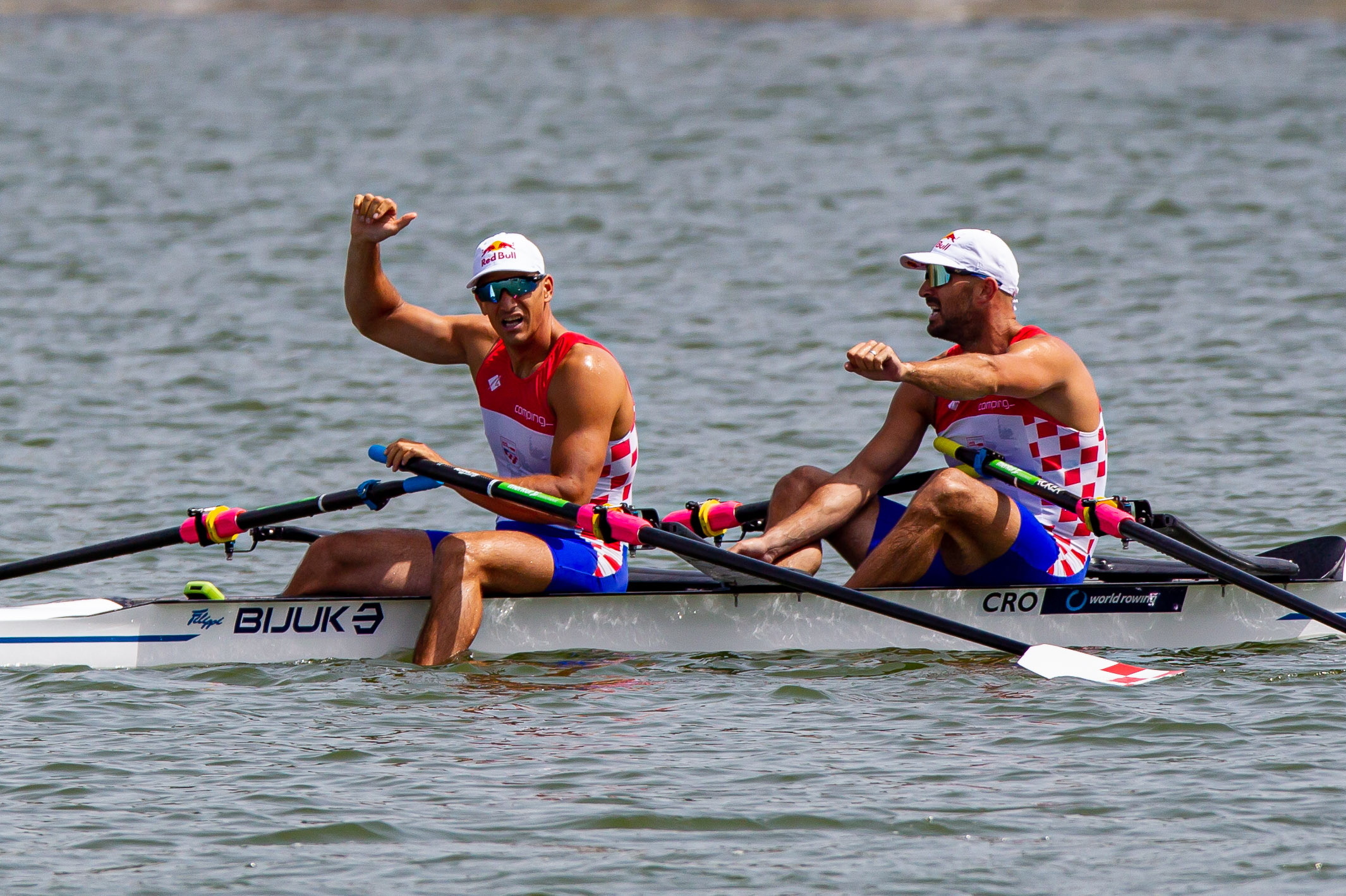 epa10022227 Martin Sinkovic and Valent Sinkovic of Croatia react after the men’s double sculls  final race of the Rowing World Cup in Poznan, west-central Poland, 19 June 2022.  EPA/Pawel Jaskolka POLAND OUT
