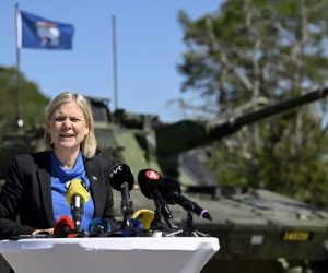 epa10049315 Sweden's Prime Minister Magdalena Andersson speaks during a press conference after her visit to the Armed Forces at Gotland's regiment P18 in Visby, Sweden,  03 July 2022.  EPA/HENRIK MONTGOMERY SWEDEN OUT