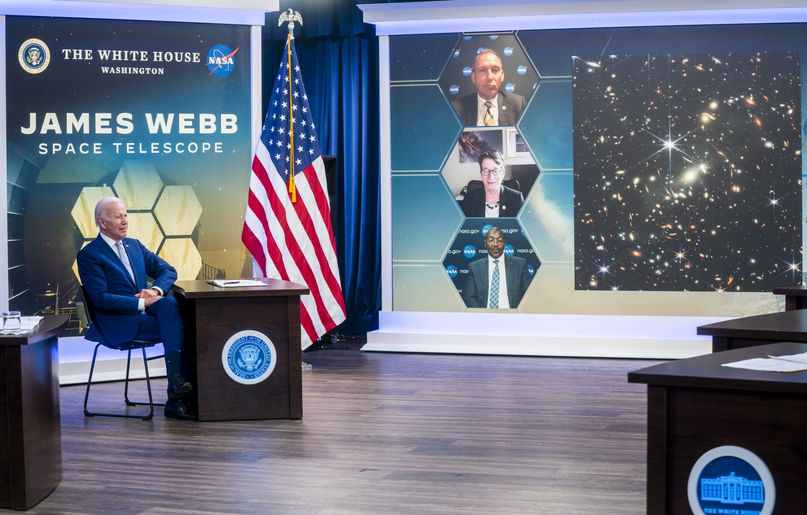 epa10065878 US President Joe Biden looks on during a briefing from National Aeronautics and Space Administration (NASA) officials about the first images from the Webb Space Telescope in the South Court Auditorium of the White House in Washington, DC, USA 11 July 2022.  EPA/SHAWN THEW